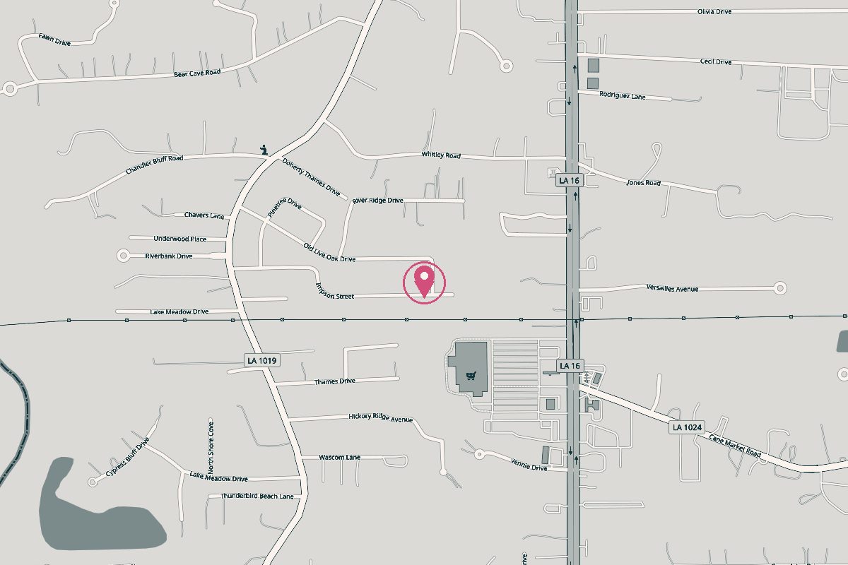 Map of Denham Springs around Impson Street with a pin on Barkin' On The Avenue